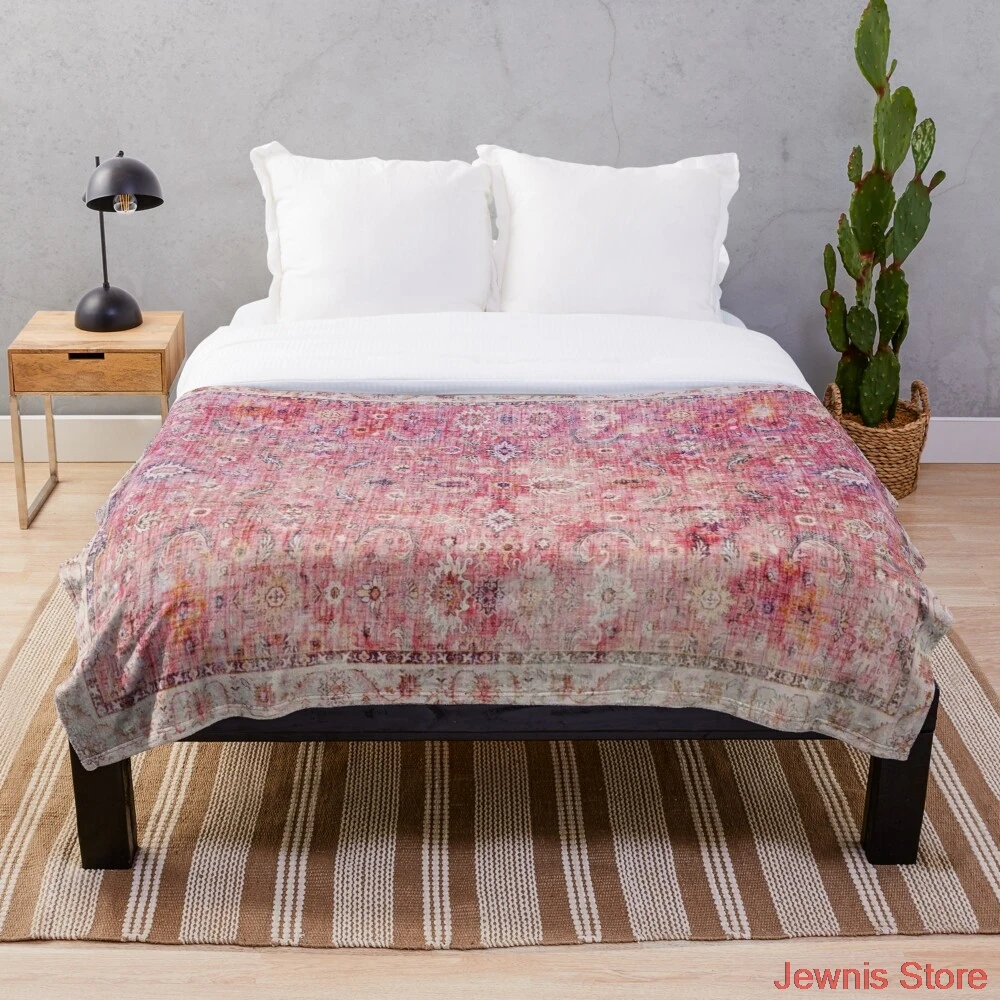 

Antique Traditional Pink Oriental Moroccan Style Blanket Print on Demand Decorative Sherpa Blankets for Sofa bed Gift