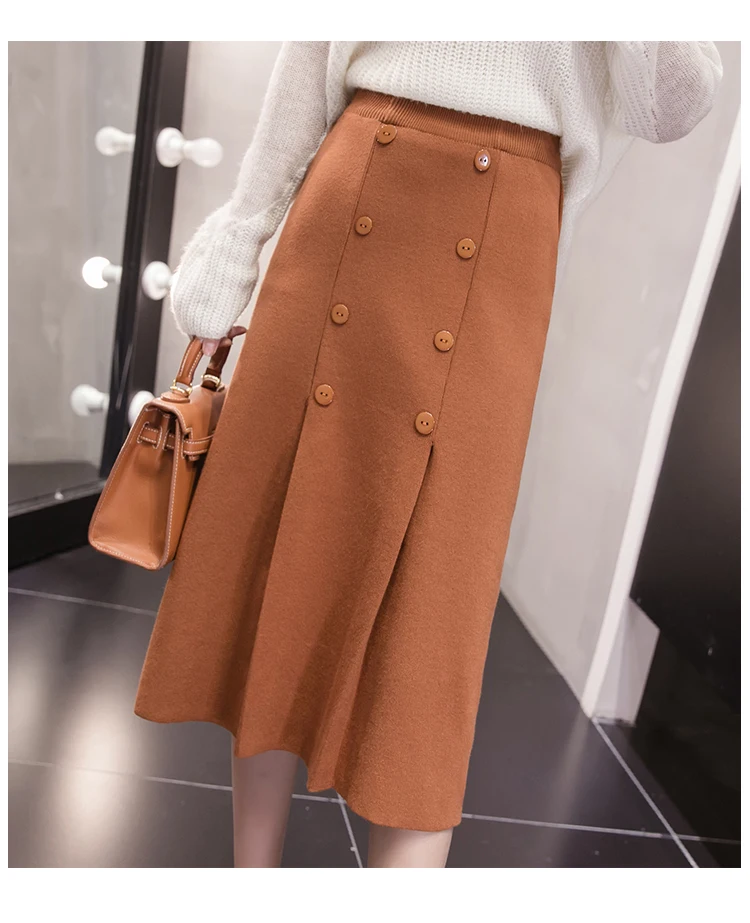 High Waist Stretch Knitted Skirt Women Elegant Double breasted Straight Long Skirts Female Autumn Winter Vintage Pleated Skirt