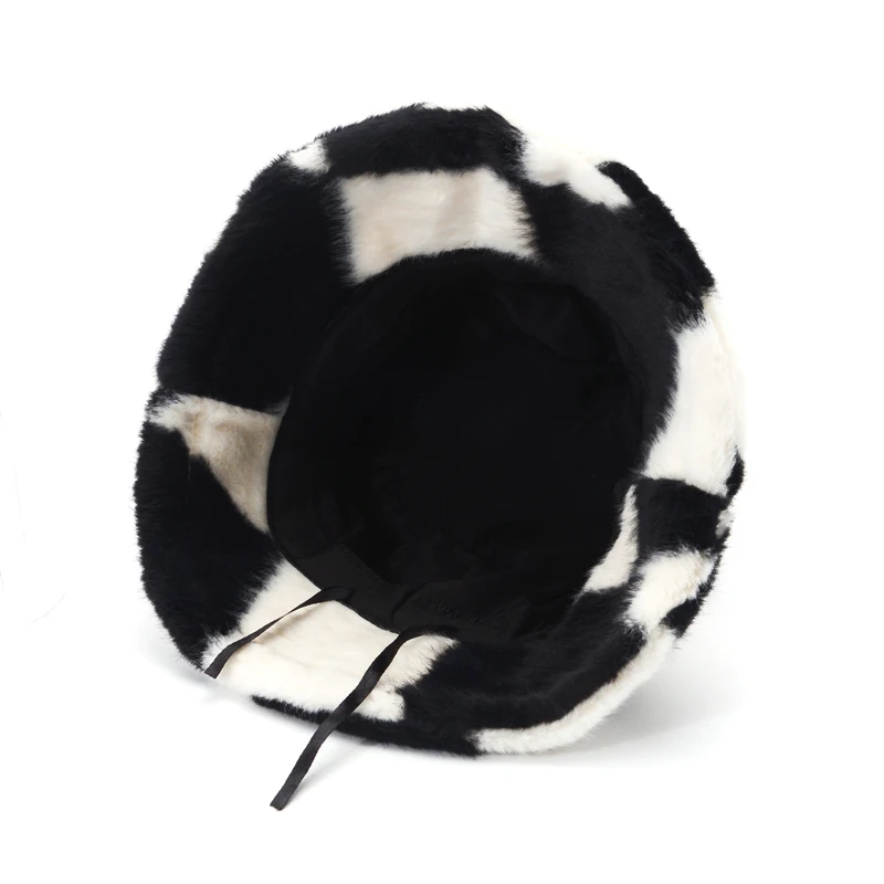 

Autumn Winter Black White Plaid Zebra Bucket Hats for Women Girl Outdoor Vacation Fisherman Hat Lady Fashion Warm Velvet Panama