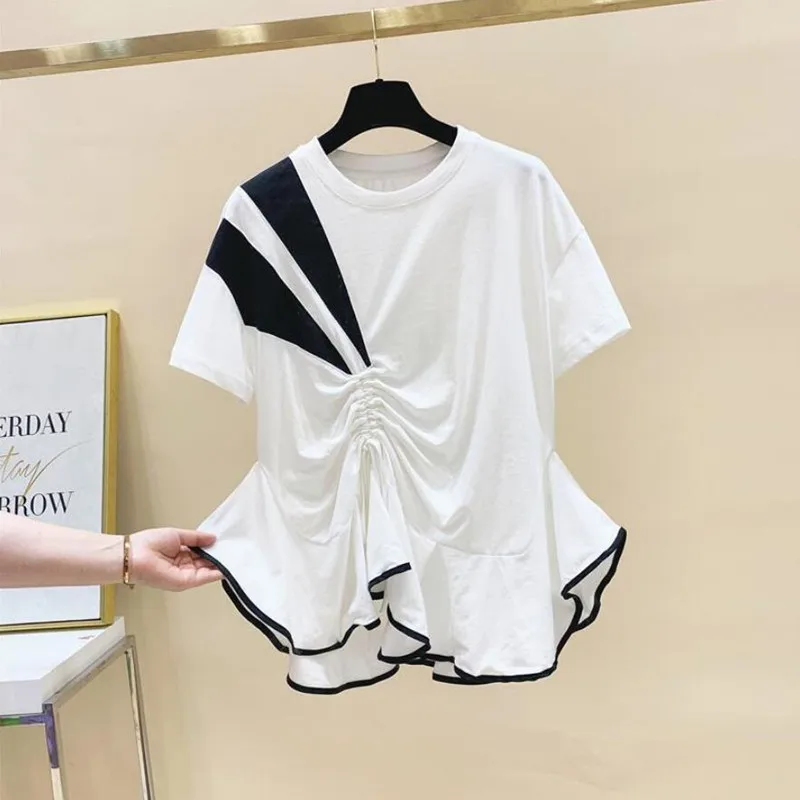 

Футболка женская плиссированная с оборками на подоле, модный топ свободного покроя с коротким рукавом, белый s1004, лето 2021