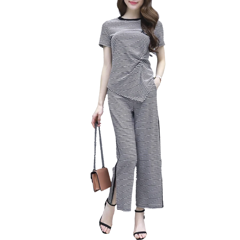 Полосатый широкий брючный костюм 2019 Весна и лето женский новый темперамент