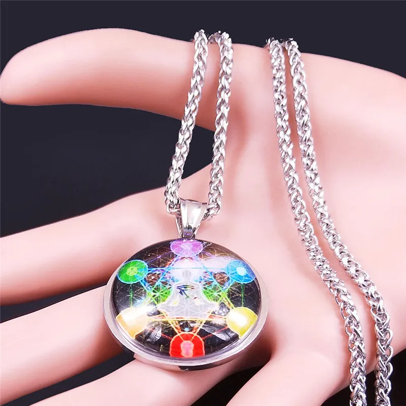 

Hexagram YOGA Chakra Snake Flower of Life Long Glass Stainless Steel Silver Color Necklace Men/Women Jewelry cadenas mujer NXS02
