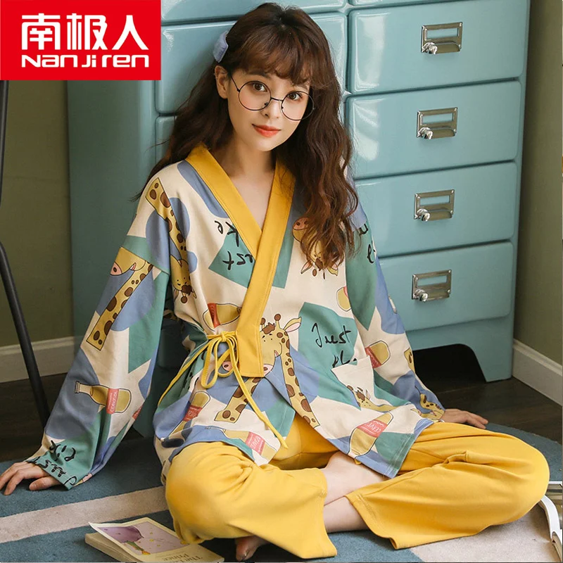 

Pajamas For Women 2 Pieces Sets 2021 New Nanjiren Kimono Pajamas Women's Spring and Autumn Pure Cotton Long Sleeves Cute Japane