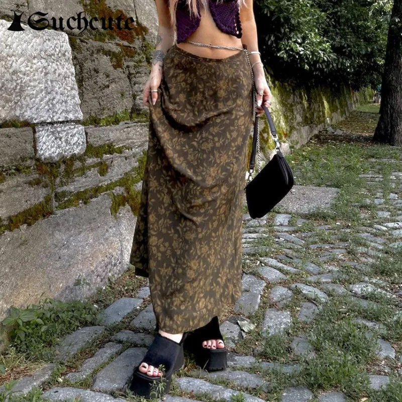 

SUCHCUTE Vintage Print Women Long Skirt Hight Waist Retro Casual Aesthetic Straight Skirts Grunge Stylish Autumn Female Skirt