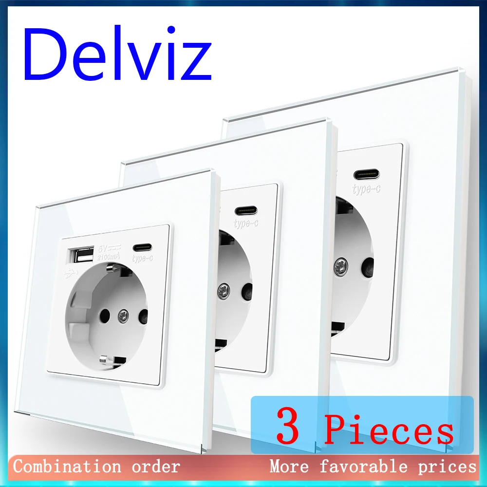 

Delviz Wall Type C charging port, EU standards Socket With USB Ports, AC 110V-250V Power Outlet, White Tempered glass USB Socket