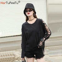 black t shirt women oversized autumn 2022 punk style hollow out long sleeve solid vintage washed cotton tops