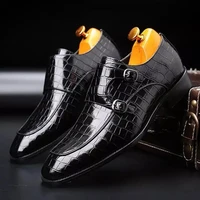 men pu leather shoes low heel dress shoes spring buckle monk strap shoes vintage classic male casual zapatos de hombre hm019