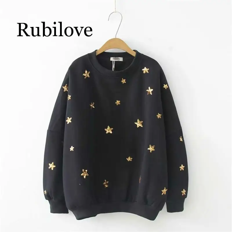 

Rubilove Gold Stars Embroidery Black Sweatshirts 2019 Autumn Women Crew Neck Long Sleeve Pullover Tops Casual Female Clothes