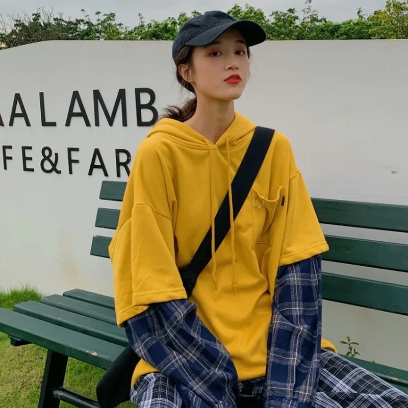 

Hoodies Women Ins Chic Fake Two Pieces Ulzzang Spring New Lady Tops Soft Casual Trendy Preppy All-match Womens Hoodie Pullover