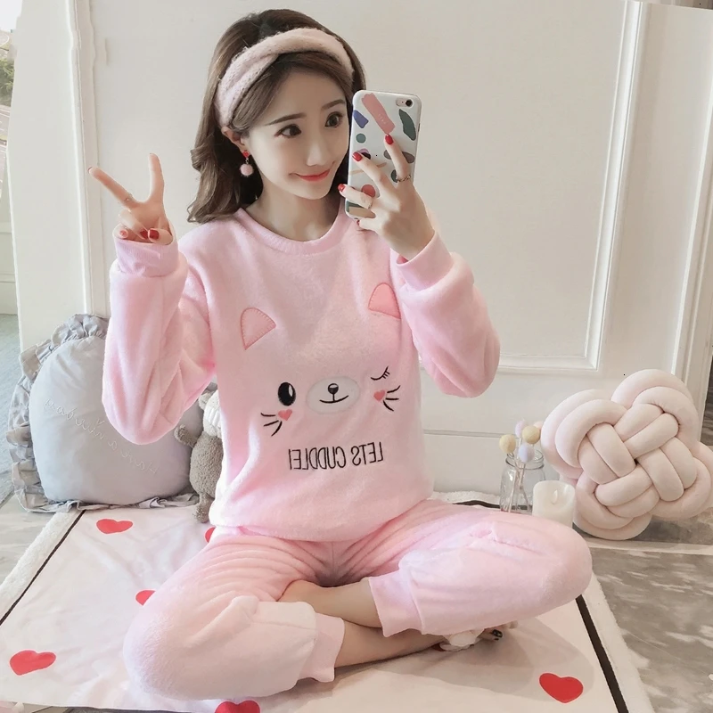 Pink cat Пижамы с рисунками животных для женщин, пижамы, зимние толстые теплые коралловые пижамы для женщин, осенняя Пижама Mujer Verano, пижамный комплект - Цвет: Pink cat