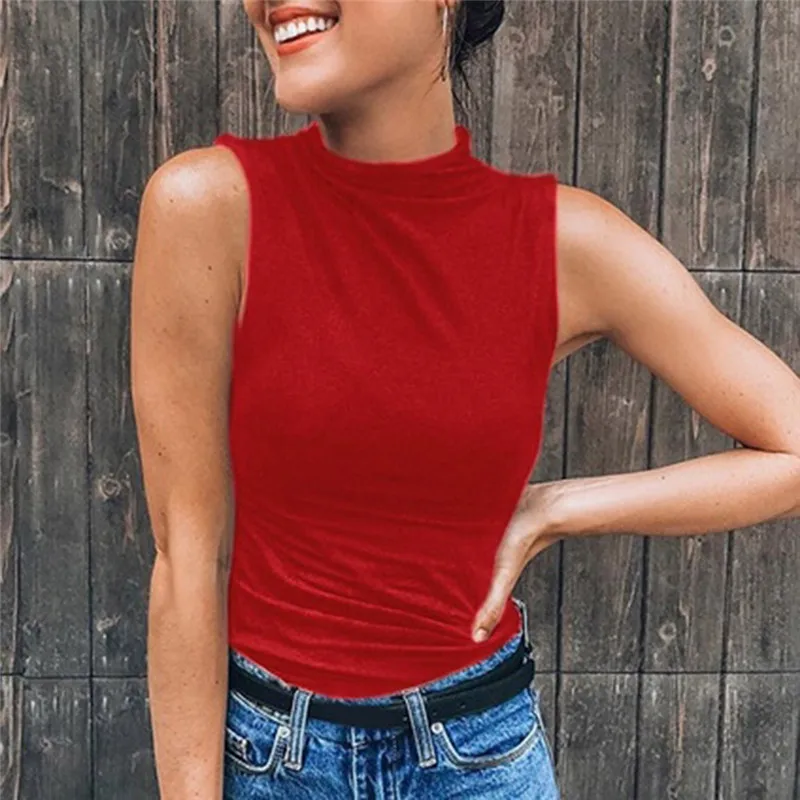 Женская водолазка без рукавов однотонная Повседневная футболка | одежда