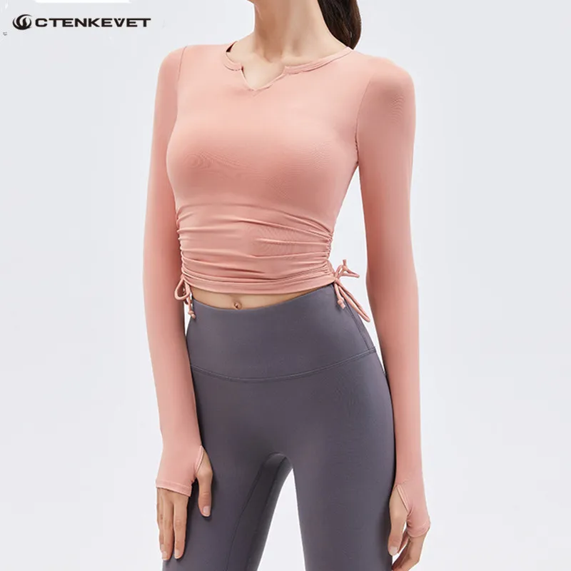 

Women Long Sleeve Run Shirts Sexy V-Neck Skinny Yoga T-Shirts Solid Sports Shirts Quick Dry Fitness Gym Crop Tops Sport Wear