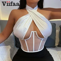viifaa sexy hollow out criss cross halter mesh corset top lace up back women clubwear summer clothes backless tank tops