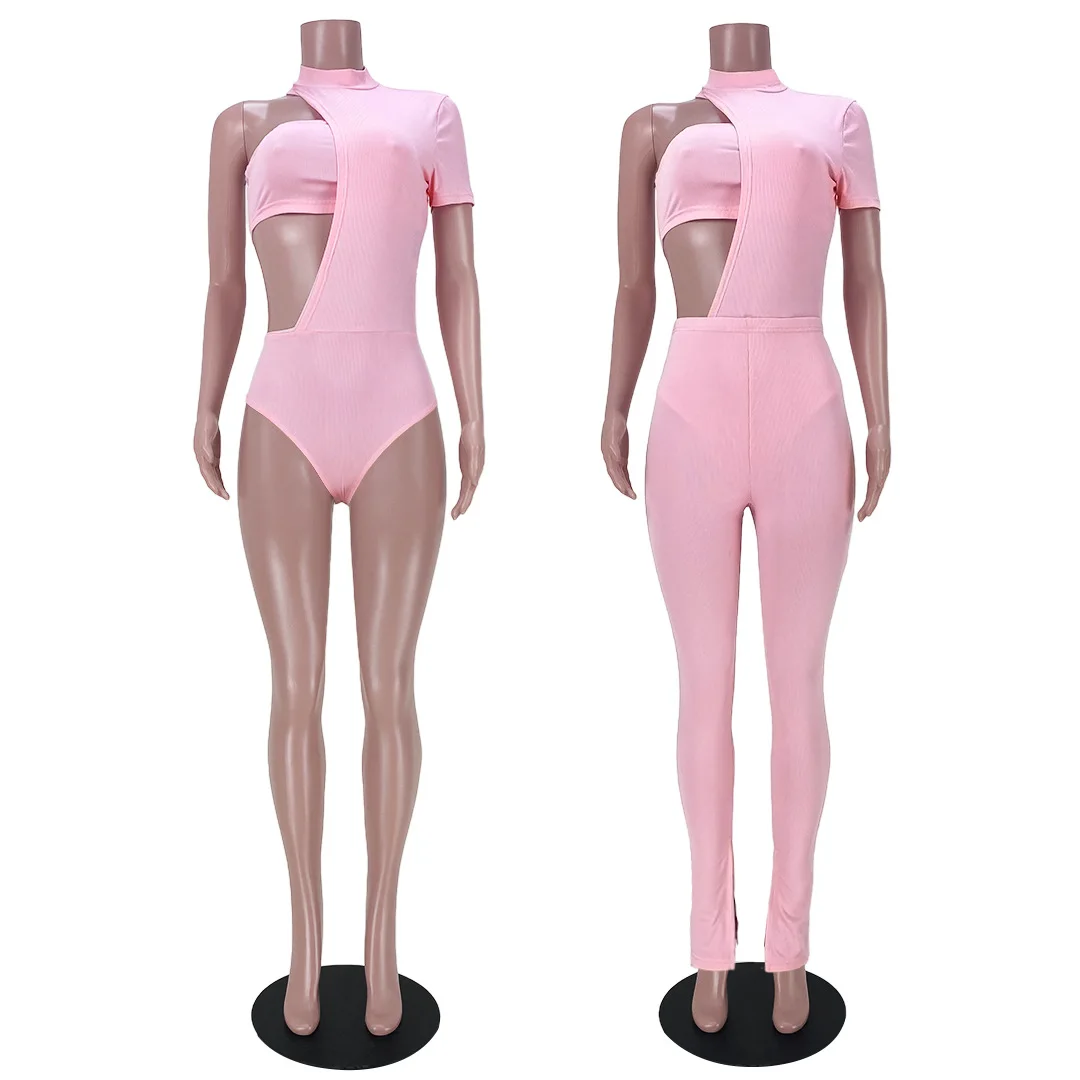 

Echoine 3 pcs Irregular One Shoulder Off Shoulder Sexy Playsuit Strapless Crop Top Legging Pants Skinny Bodycon Matching Set