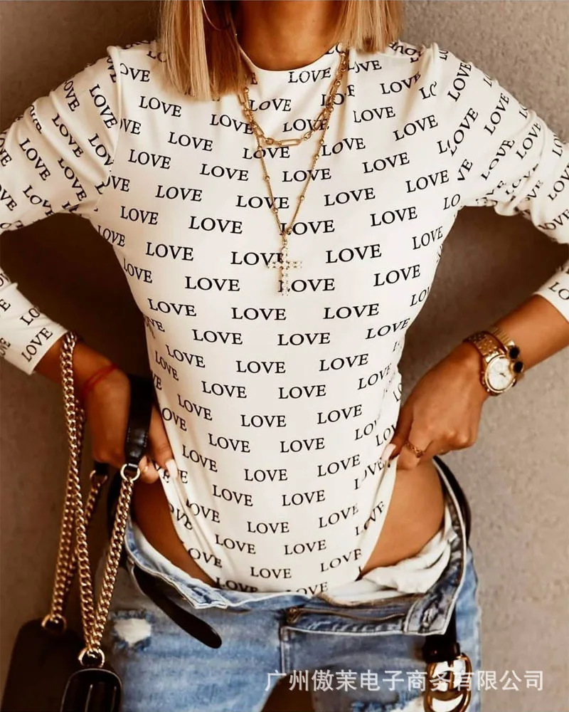 

Women's Bodysuit Fall 2021 New Round Neck Letter Printed Sexy Bodysuits