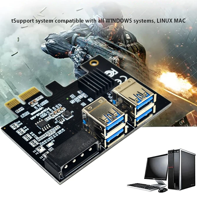 

PCI-E 1 to 4 Expansion Card PCI-E 1X to 16X 4 Port Dual Layer USB3.0 Graphics Adapter Expansion Card for BTC Mining