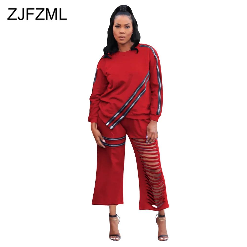 

Женский брючный костюм из двух предметов, однотонный пуловер на молнии с длинным рукавом и широкие брюки с вырезами, повседневная одежда, ос...