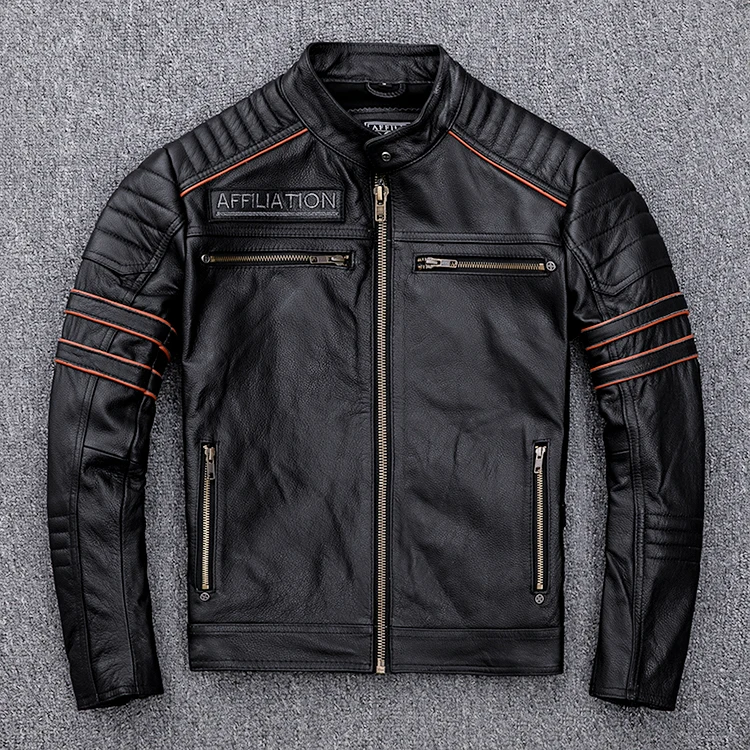 Black Men Skulls Embroidery Motorcycle Leather Jacket Plus Size XXXXL Genuine Cowhide Spring Slim Fit Biker's Leatther Coat