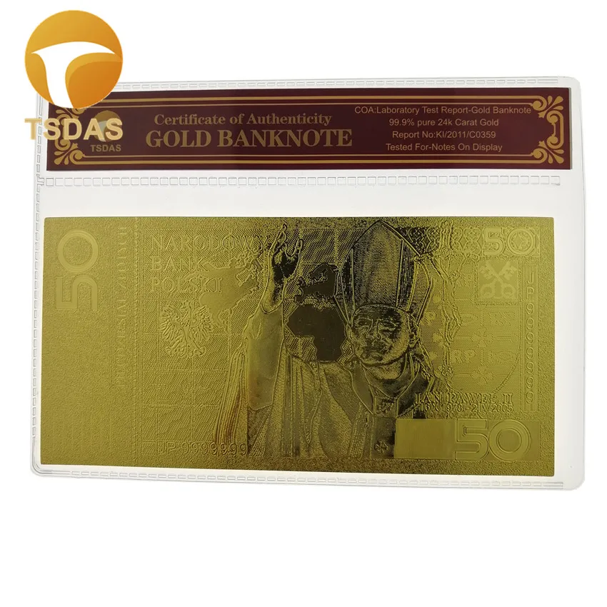 Польская Золотая фольга 50 банкнот В позолоченном 24-каратным золотом с рамкой COA
