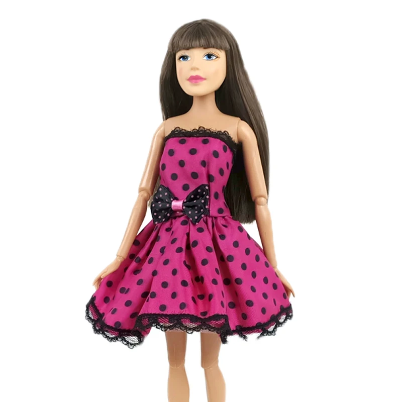 

Pink Polka Off Shoulder Outfits For Barbie Doll Dresses Black Bowknot Elegant Party Dresses Clothes For 1/6 BJD Doll Kid DIY Toy