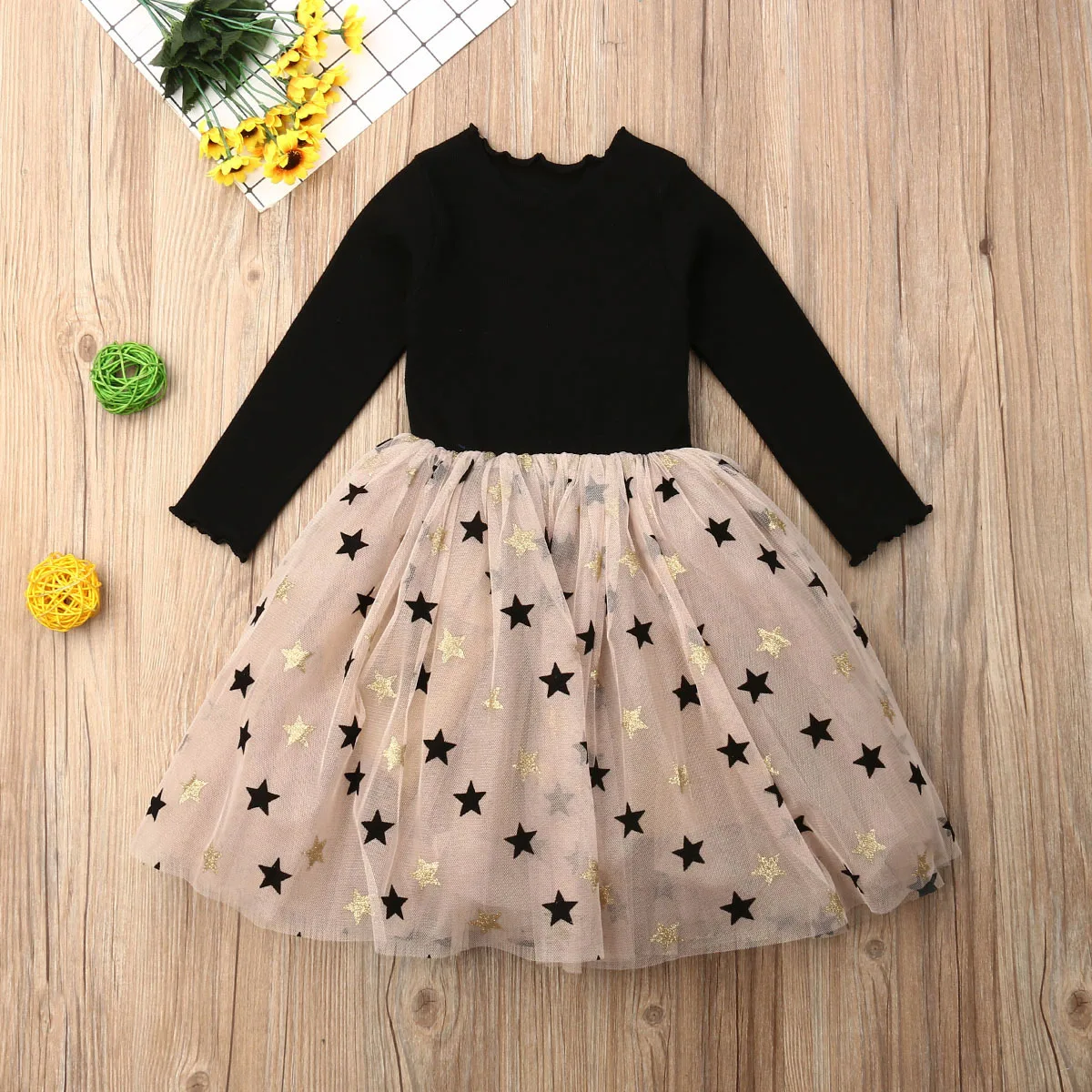 Spring Autumn Toddler Baby Girls Princess Dress Star Printed Lace Patchwork Knee Length Tutu Party Dresses 2-7Y | Детская одежда и