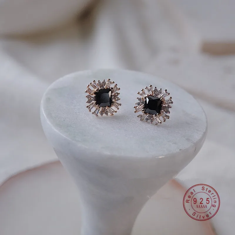 

HI MAN 925 Sterling Silver Heart Black Zircon Geometry Stud Earrings Women Fashion Noble Jewelry Accessories