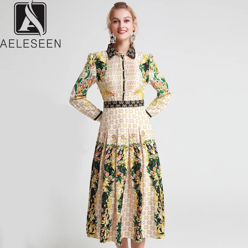 AELESEEN/2019 новые осенние Плиссированные Платья с цветочным принтом для подиума
