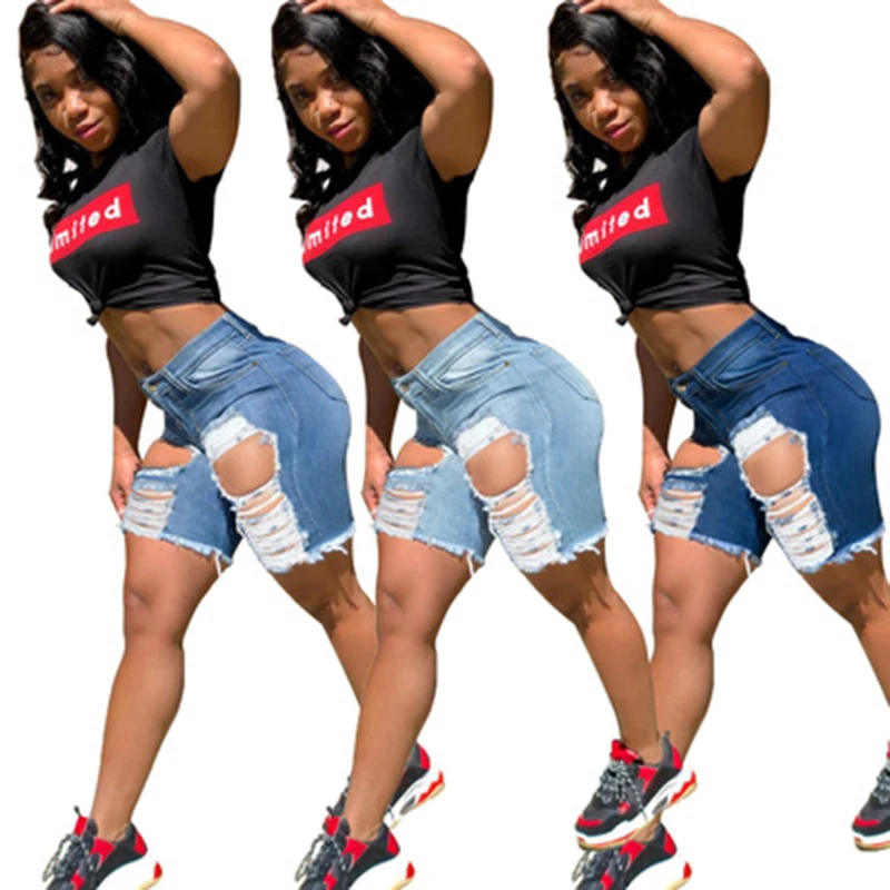 

Для женщин; Большие размеры Личность модные рваные шорты из денима в винтажном стиле отверстие шорты с высокой талией, женские; Повседневна...