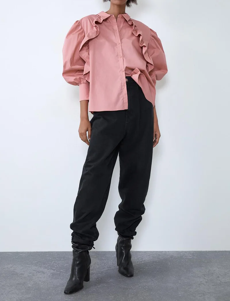 

Temperament Lapel Petal Long-sleeved Single-breasted Ruffled Bow Straight Shirt Women's 2020 Spring and Summer Ruffles Crop Top
