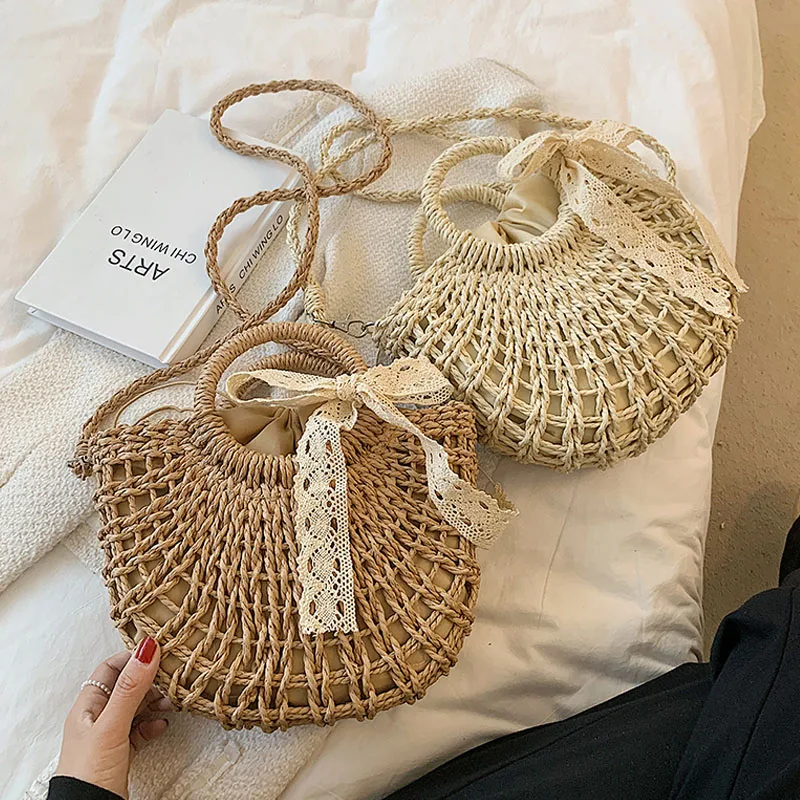 

Summer Handmade Beach Knitting Shoulder Bags Women Lace Bow Moon Shaped Top Handle Larger Capacity Corssbody Bucket Female Totes