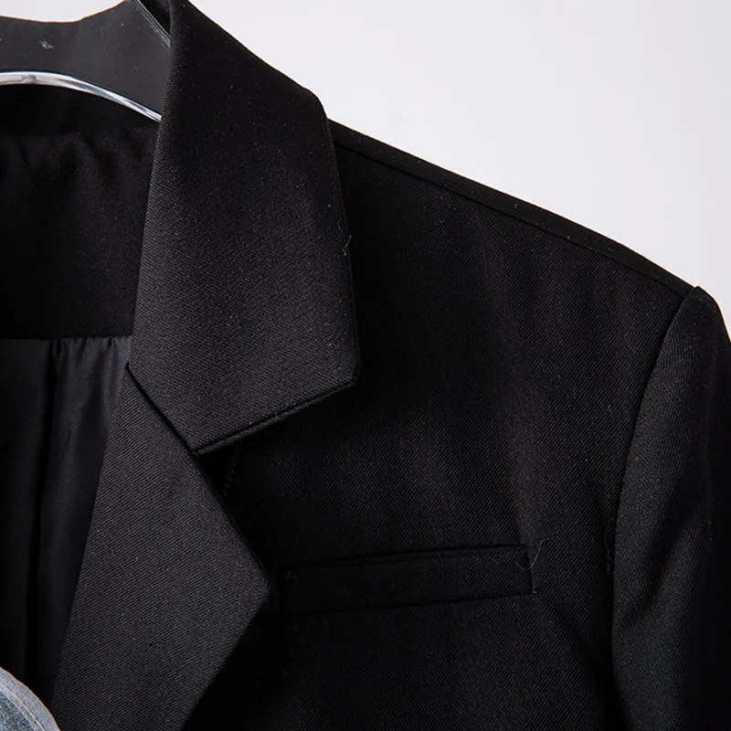 

DEAT Women Black Patchwork Ruffles Gauze Blazer New Notched Long Sleeve Fit Jacket Fashion Tide Summer 2021 7D001238