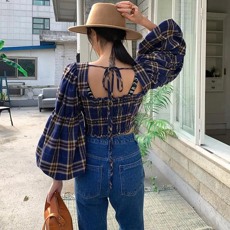 Женские клетчатые топы и блузки Genayooa винтажная блузка на шнуровке Женский Топ с