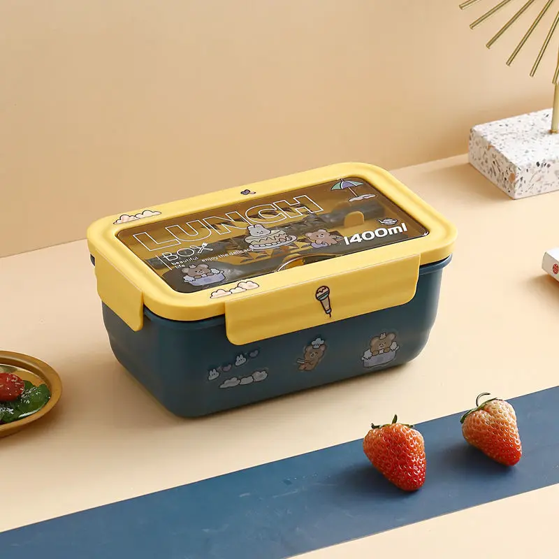 

1400ml Microwavable Japanese Lunch Box Food Storage Container Bento with Spoons Chopsticks for Kid Children School Office Worker