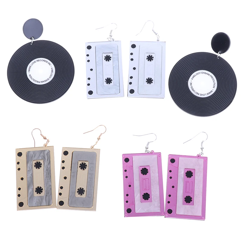

1 Pair vintage korean Vintage Black Vinyl Record Acrylic Earrings For Women Personality Transparent Circle Record stud Earrings