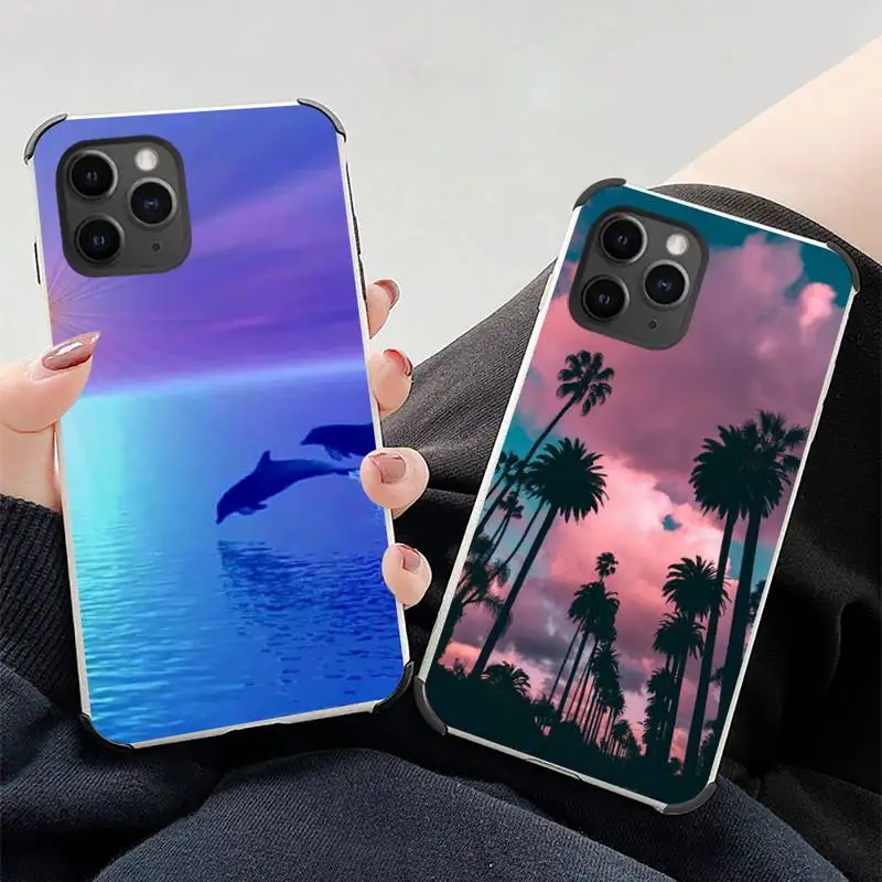 

Ocean Dolphin waves Phone Case Lambskin Leather For iphone 12 11 8 7 6 XR X XS PLUS MINI PLUS PRO MAX Shockproof
