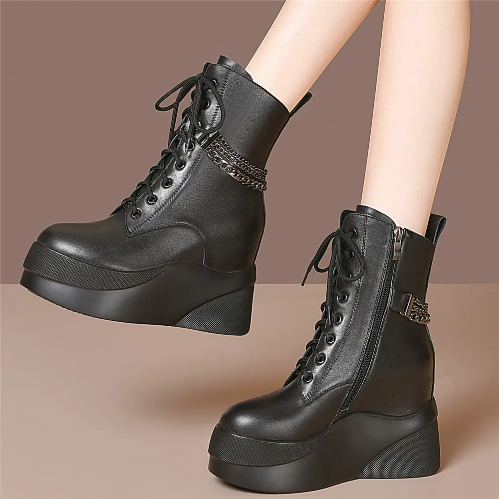 Fashion Sneakers Women Lace Up Genuine Leather High Heel Motorcycle Boots Female Winter Chunky Platform Pumps Shoes Casual Shoes