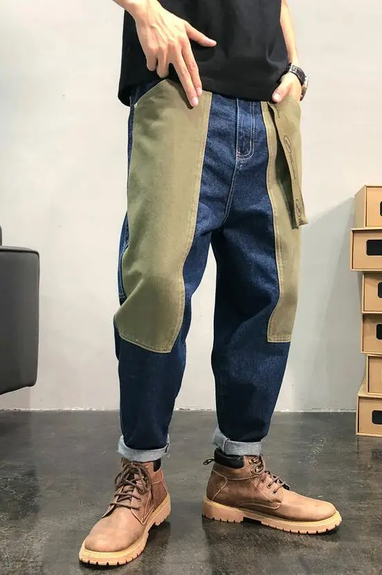 Retro Loose Multi-Pocket Jeans Men Baggy Trousers Patch Jeans Street Color Block Cargo Jeans