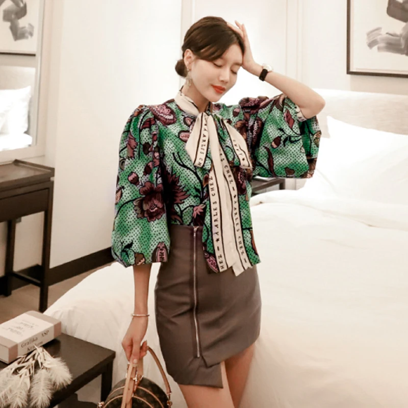 Новинка Весенняя женская рубашка с бантом и длинным рукавом в стиле ретро + мини