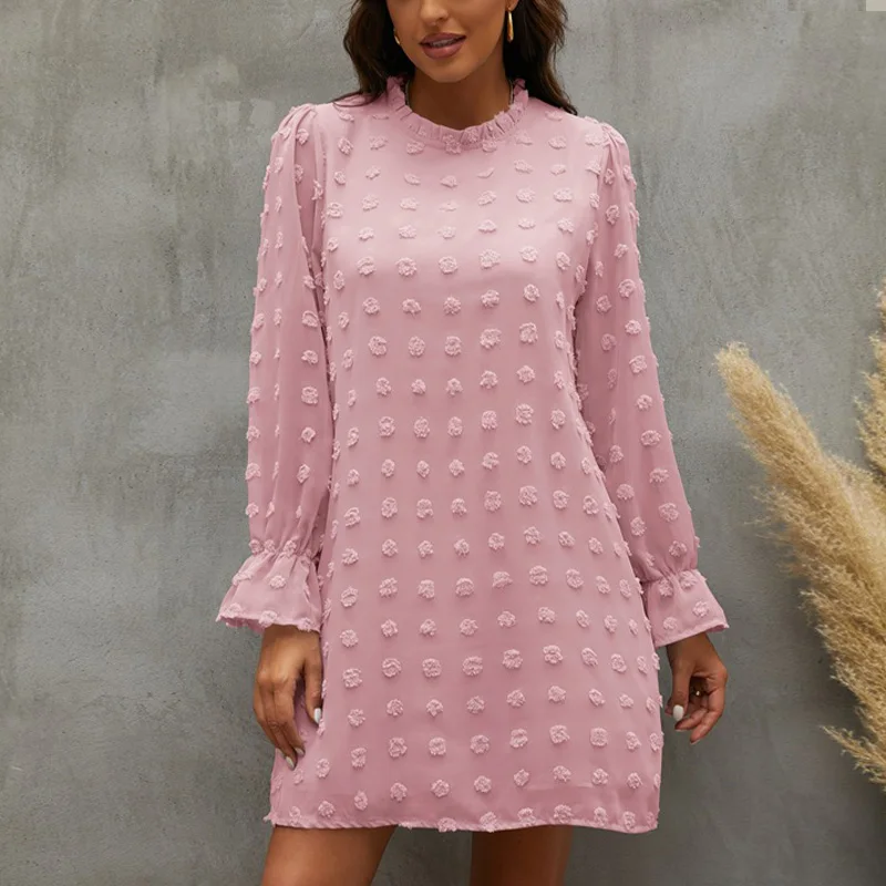 

Women's Dress Solid Long Sleeve O Neck Dot Chiffon Mini Dresses Fashion Loose Casual A-line 2021 Autumn New Female Party Dress