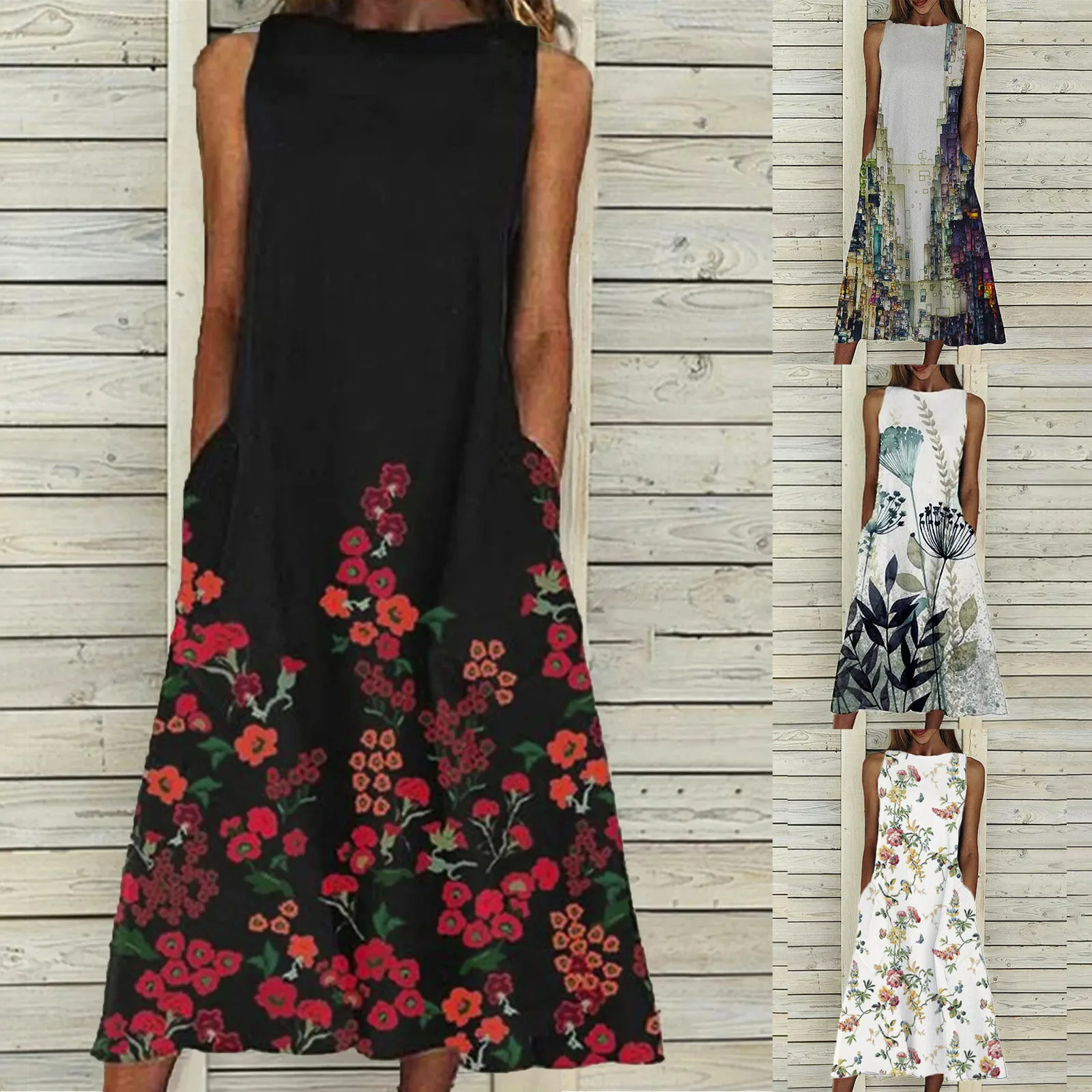 

65# 2021 Summer Casual Loose Flower Print Dress Women New Fashion Loose Sleeveless Pocket Long Dress O-neck Print Retro Dress