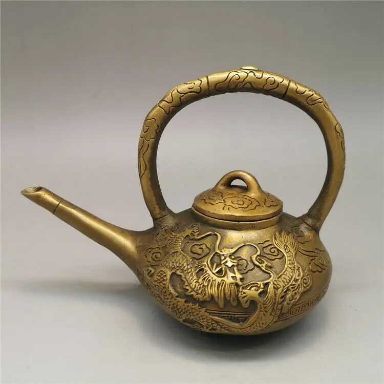 Старинный медный длинный горшок Qianlong с изображением дракона Флагон чайник