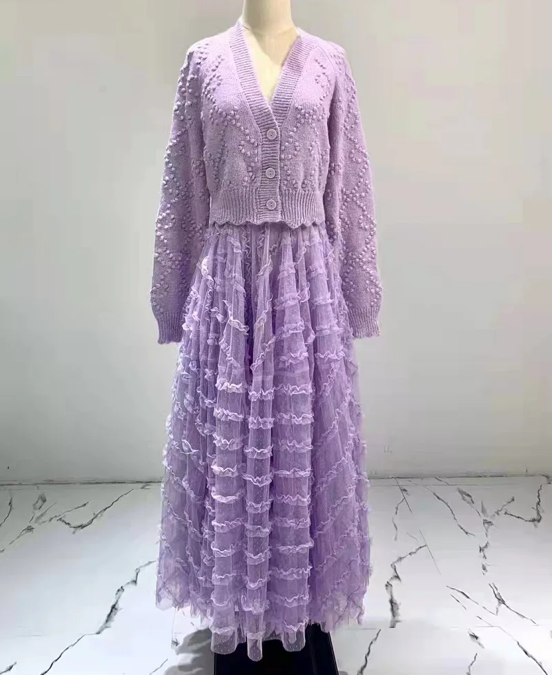 

Top Quality Sweater Sets 2021 Autumn Winter Long Skirt Suits Women V-Neck Knitted Blue Purple Cardigan Tops+Long Lace Skirt Set
