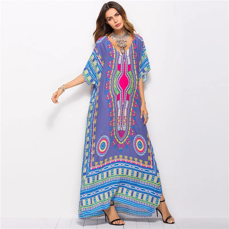 

Bohemian Women Summer Beach Dress Casual Free Size V-Neck Skirt Short Sleeve High Waist Print Slim Pullovers Dress for Holiday