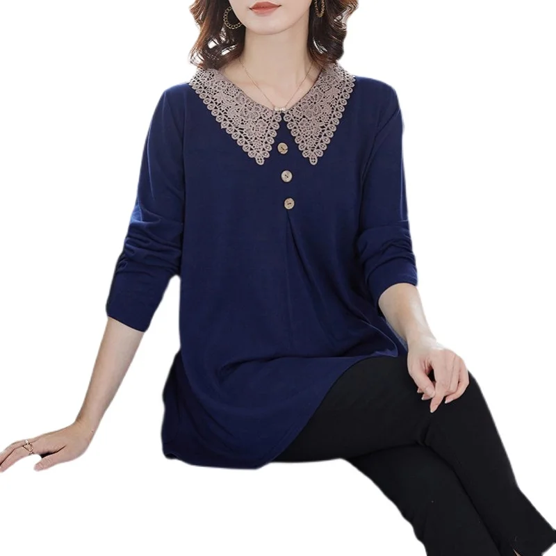 

Spring Women's New Tops Mother Loose Large Size Long-Sleeved Women T-Shirt Slim V-Neck Button Mid-Length Bottoming Shirts E541