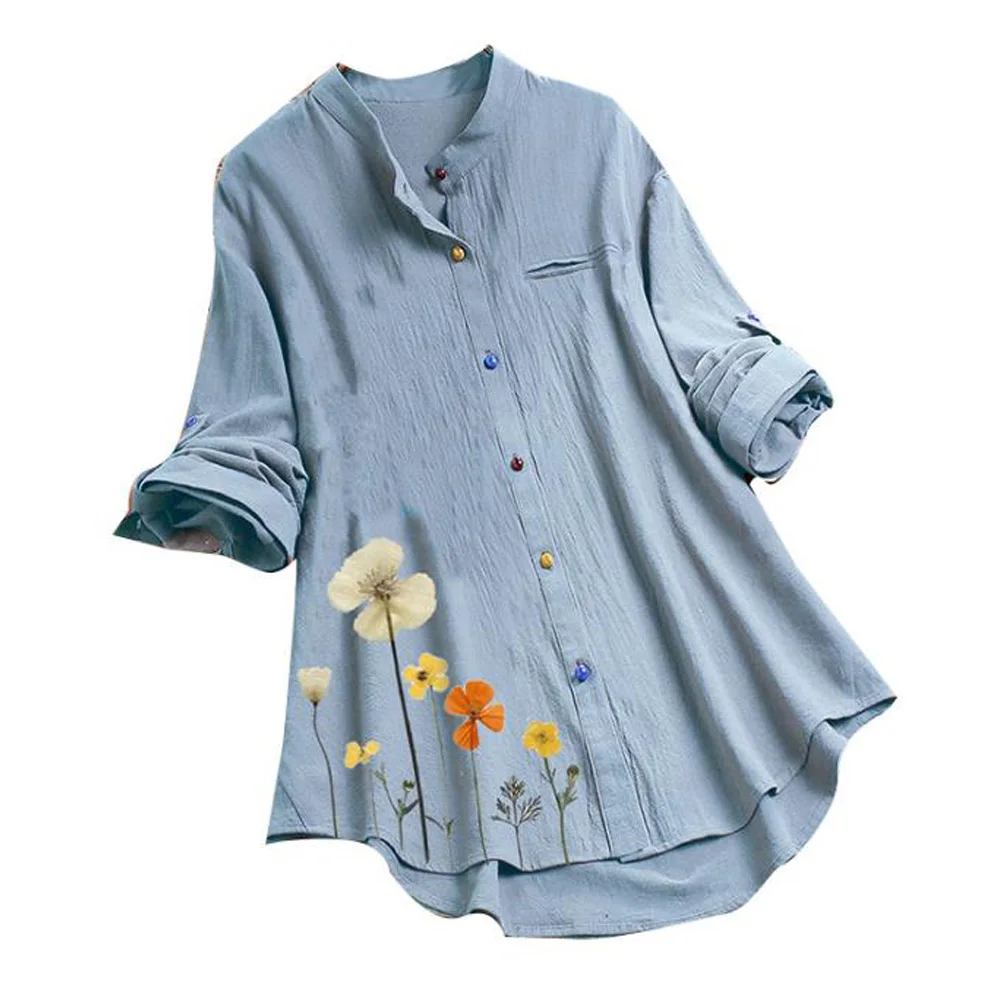 Блузка женская с длинным рукавом V-образным вырезом и цветочным принтом | Женская