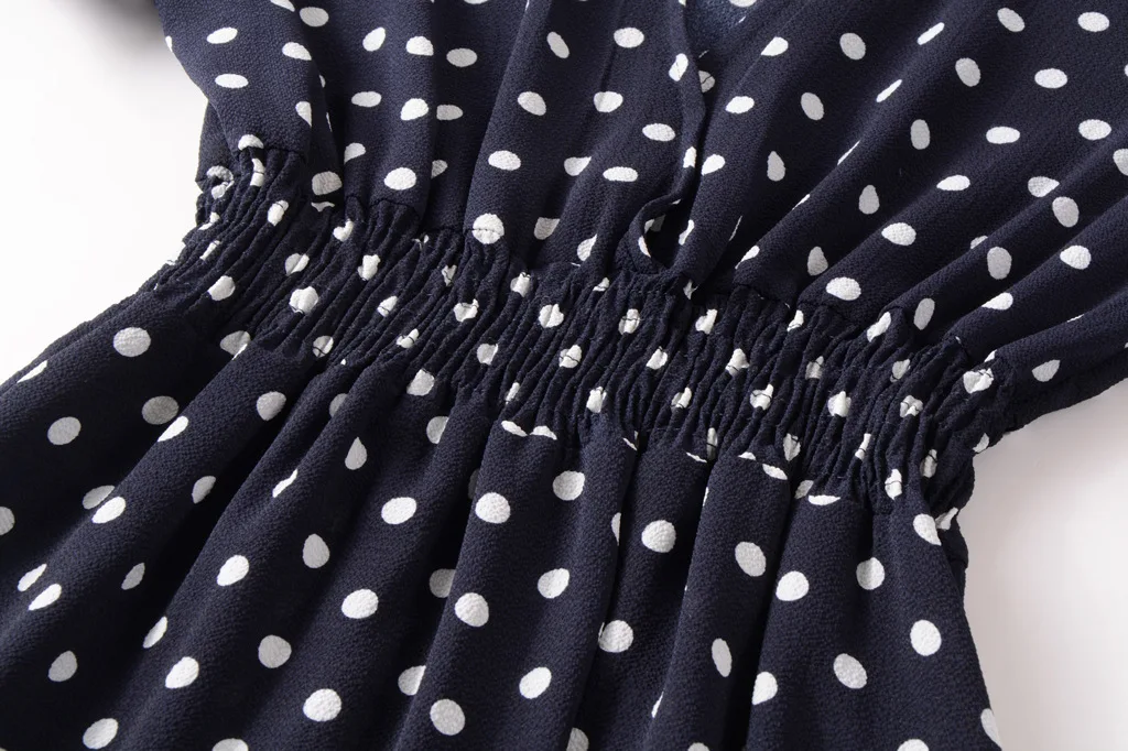 

New 2019 Chiffon Holiday Beach Dress Dot Print Deep V Neck Short Sleeve High Waist Slim Dress Midi Dress