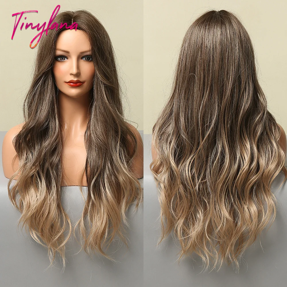 

TINY LANA Middle Part Ombre Ash Brown Blonde Synthetic Wigs Long Wavy Wig For Black Women Cosplay Daily Use Heat Resistant Fiber