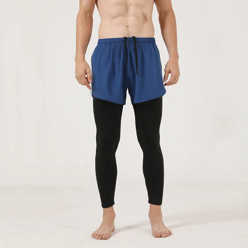 

Men's fake two-piece tight trousers, quick-drying, breathable back waist pocket, reflective running sports fitness trousers