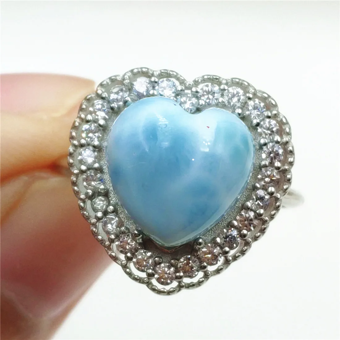 

Namibia Natural Larimar Blue Heart Adjustable Ring Dominia 10x10mm Water Pattern Love Larimar 925 Sterling Silver AAAAAA