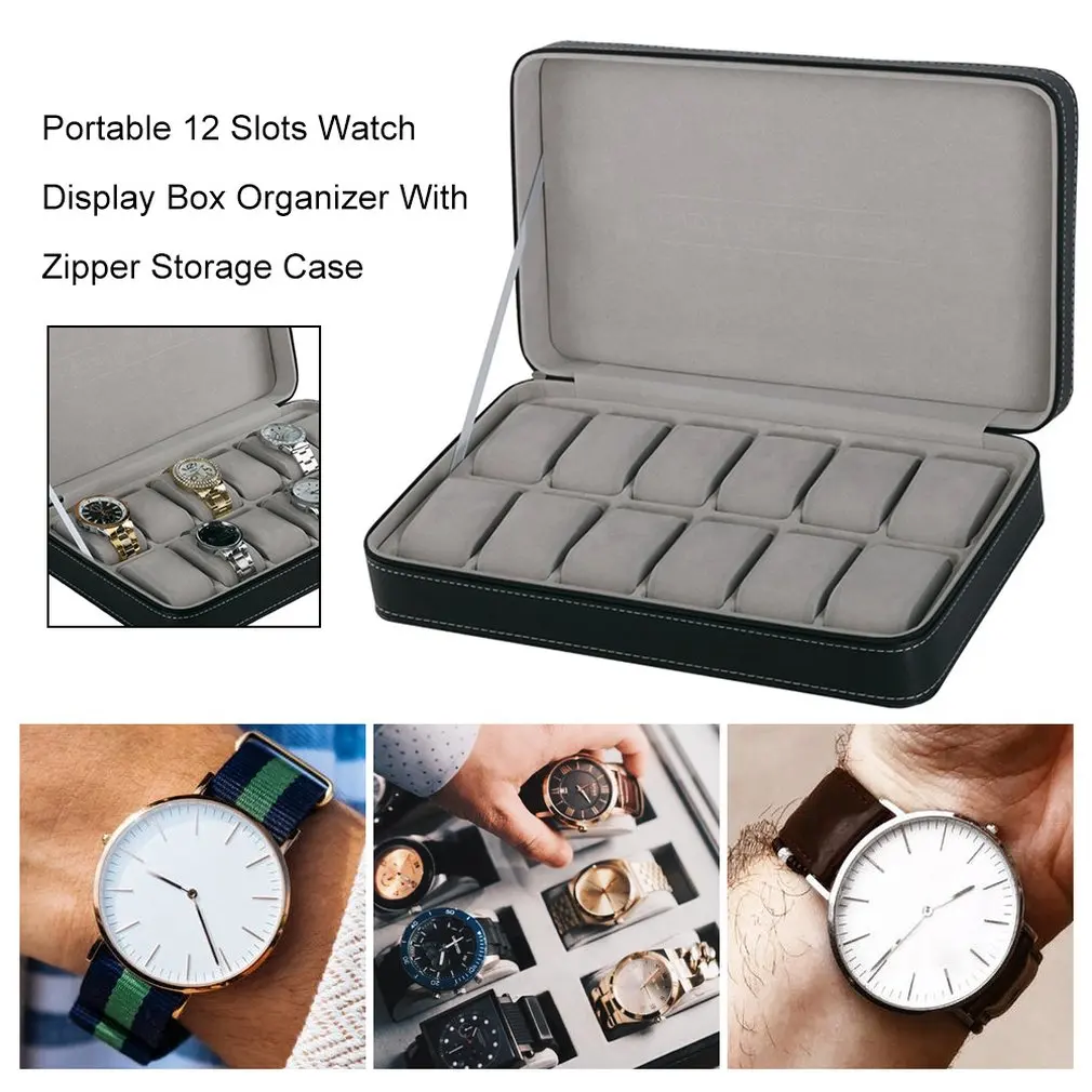 

12 Grids PU Slots Wrist Watch Display Box Storage Holder Organizer Watch Case Jewelry Dispay Watch Box коробка для часов 블랙박스 n